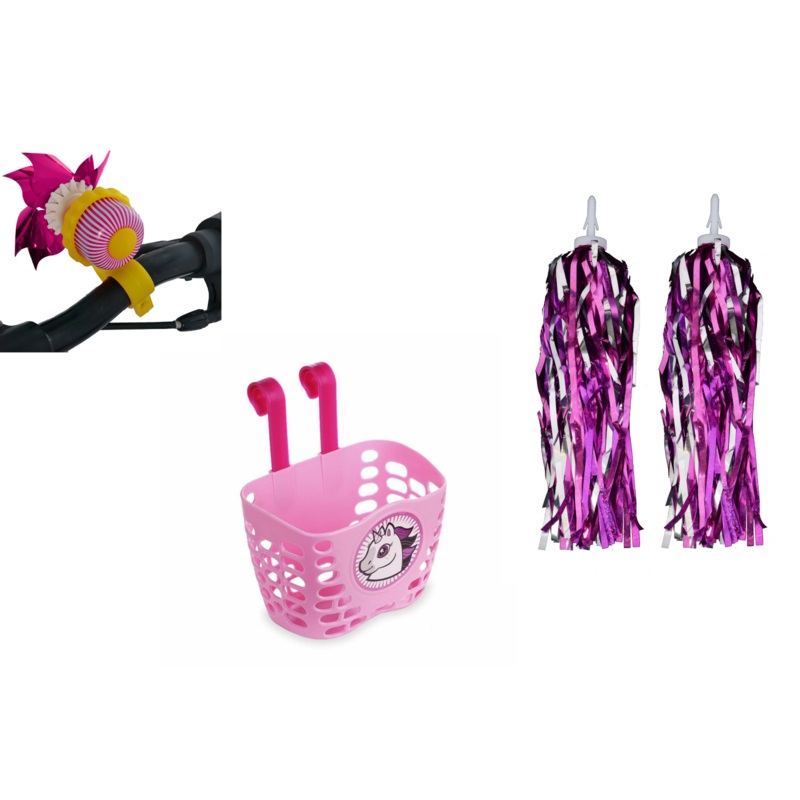 Girlie Bike Fabulous Accessory Kit Unicorn Basket, set Streamers & Windmill Bike Bell