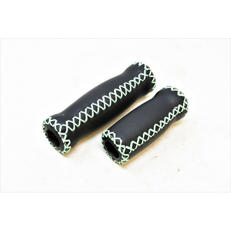 PAIR HANDLEBAR GRIPS 2 LENGTH 125MM + 90MM GREEN HAND STITCH LOOK TWIST SHIFT