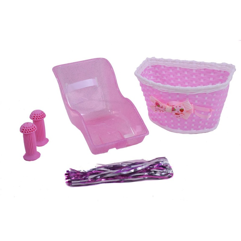 Girls Pink Accessory Pack Dolly Seat Bow Basket Tassels & Free Grips – Ideal Gift