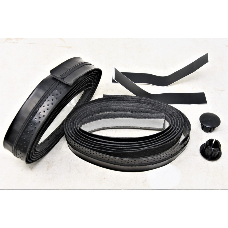 Velo VLT-007 Stitched Aerated Black Shiny PU Road Bike Handlebar Tape + Bar Plug