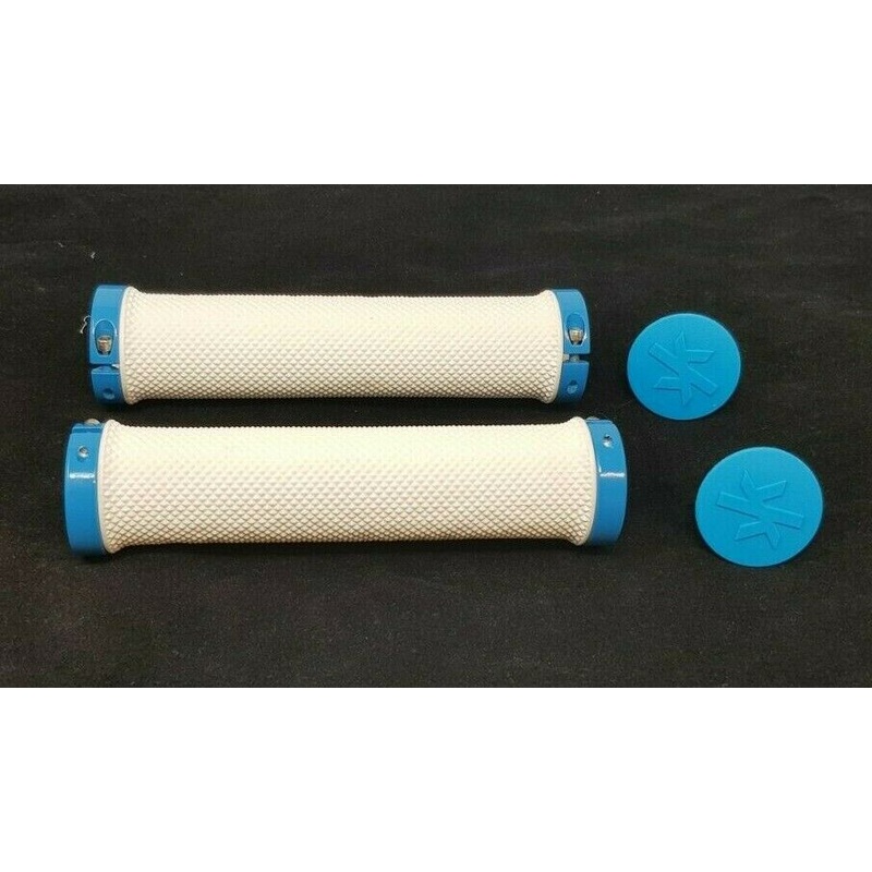 135mm Lock On Handle Bar Grips, White & Blu, Kansi Bikes, Folding Bike, Mtb Bike