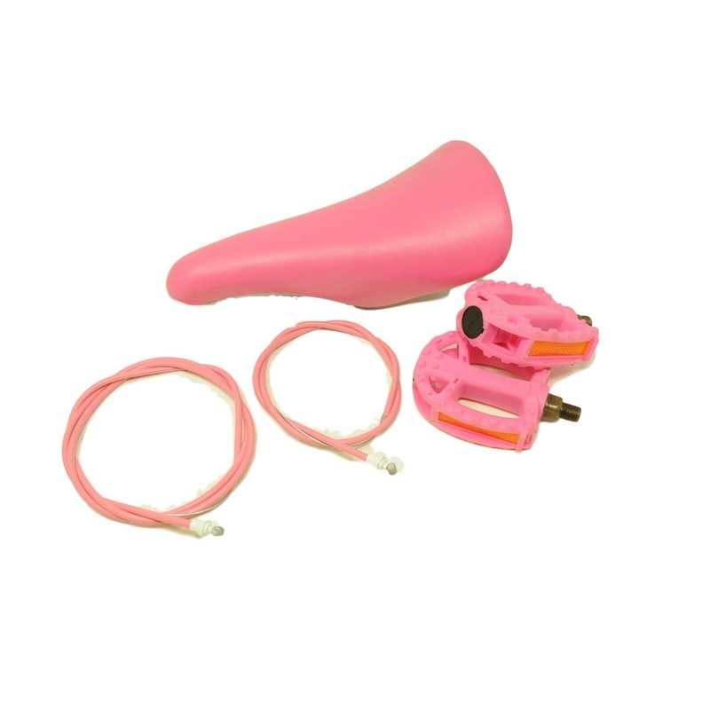 PINK BMX BIKE PARTS SET INC SADDLE 1/2 PEDALS AND BRAKE CABLES NOS