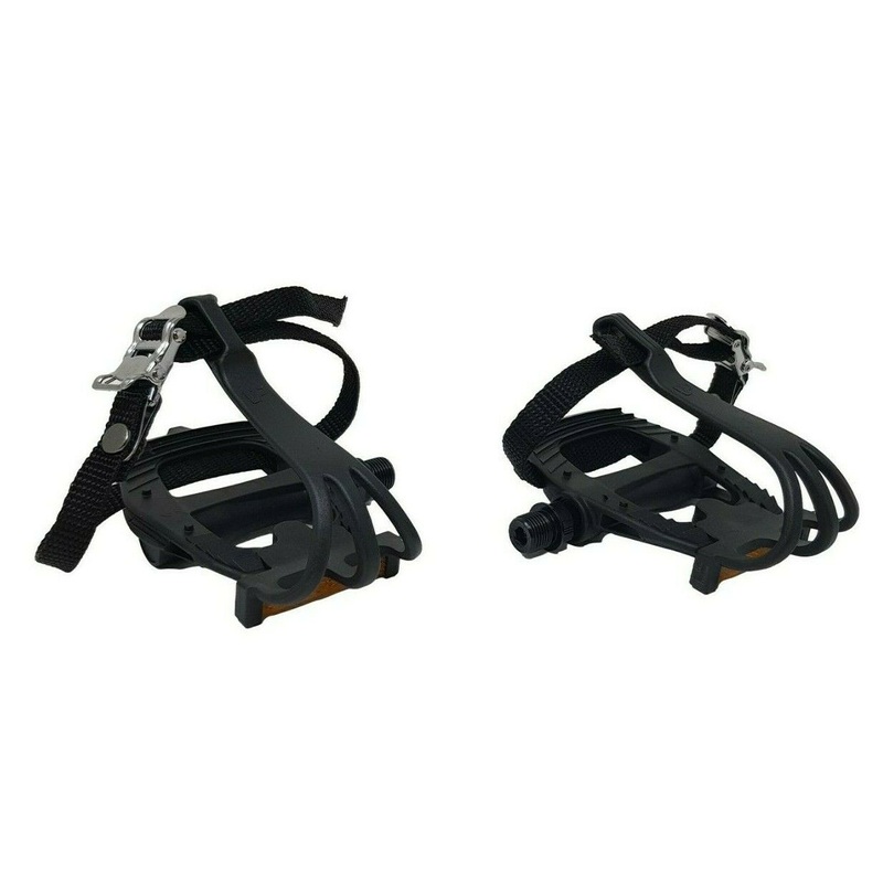 9-16 Road Racing Bike Resin Pedals Fitted With Toe Clips & Toe Straps