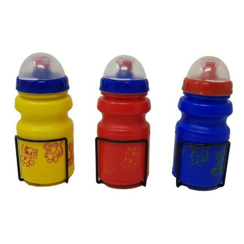 CHILDREN’S ANIMAL’S BIKE WATER BOTTLES WITH CAGES FLIP LID RED YELLOW & BLUE