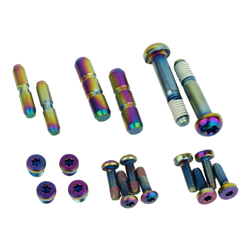 SRAM SPARE – DISC BRAKE LEVER HARDWARE UPGRADE KIT – RAINBOW (INCLUDES RESERVOIR CAP BOLTS, BLEED SCREWS, SWINGLINK PINS, MMX BOLTS, PIVOT BOLTS) TO UPGRADE QTY 2 LEVERS, G2 ULT/RSC